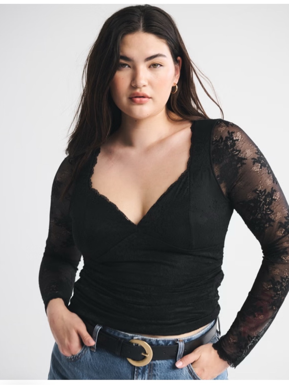 Abercrombie & Fitch Lace Top XL Zoe Bra-Free Black Sheer Long Sleeve